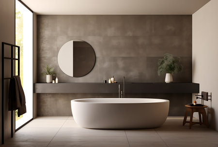 Interior of modern bathroom with brown walls, concrete floor, comfortable white bathtub and round mirror. 3d renderingの素材