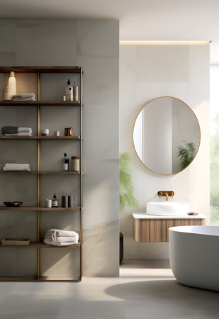 Interior of modern bathroom with white walls, concrete floor, comfortable white bathtub and round mirror. 3d renderingの素材