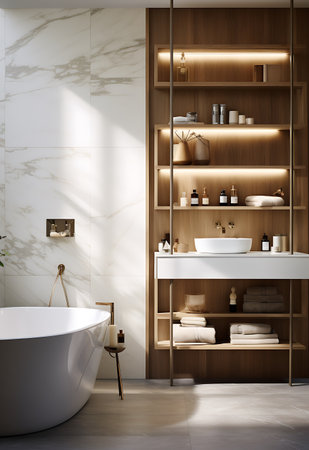 Luxury bathroom interior with white bathtub and wooden shelves. 3d renderの素材