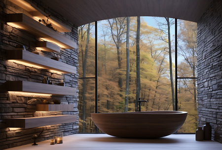 Bathroom interior with panoramic view of the countryside. 3D Renderingの素材
