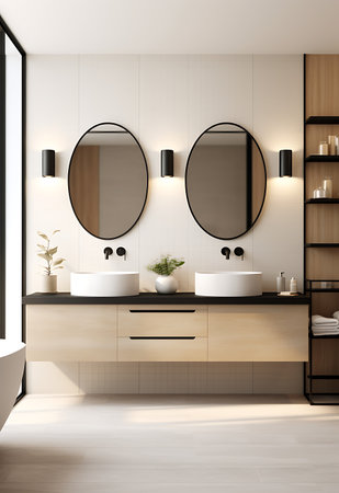 Interior of modern bathroom with white walls, wooden floor, comfortable double sink standing on wooden countertop and round mirror. 3d renderingの素材