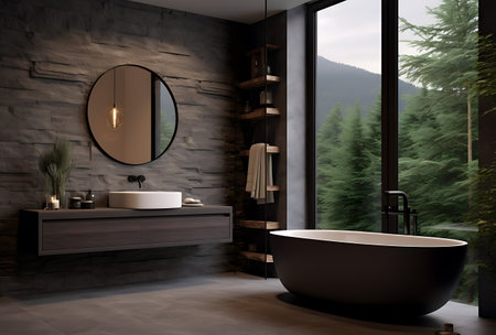 Interior of modern bathroom with stone walls, concrete floor, black bathtub standing near round mirror and wooden shelves with towels. 3d renderingの素材
