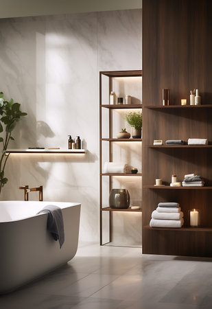 Interior of modern bathroom with white bathtub and shelves with towelsの素材