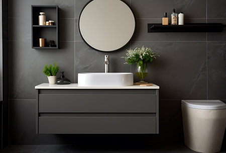 Interior of modern bathroom with black tile walls, concrete floor, gray sink and round mirror. 3d renderの素材