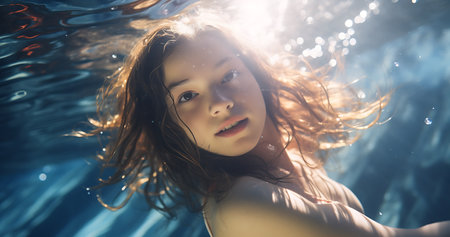 Beautiful girl underwater in the pool. Portrait of a beautiful girl.の素材