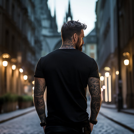Handsome man with tattooed arms in black t-shirt standing on the street.の素材