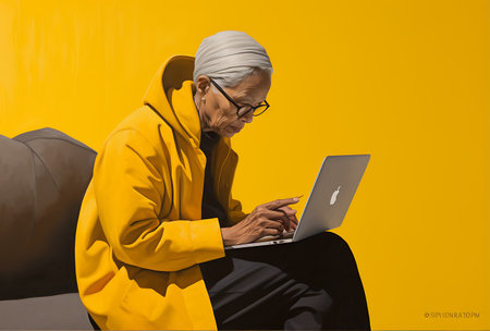 Senior asian muslim man wearing yellow hoodie and turban using laptop while sitting on sofa against yellow backgroundの素材