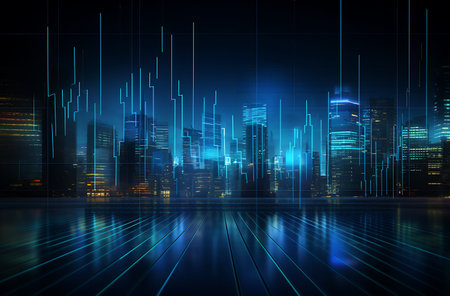 Abstract night city with glowing lines and blue bokeh lightsの素材