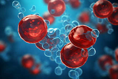 3d render of red blood cells in blue background, medical conceptの素材