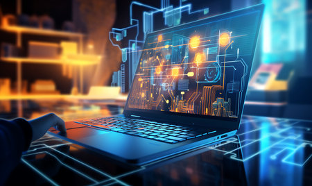 Close-up image of hand using laptop with glowing business interface. 3D renderingの素材