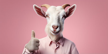 Young man with goat head and thumbs up gesture. Portrait of funny goat on pink backgroundの素材