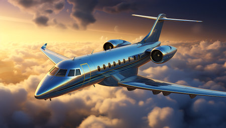 3d rendering of a private jet flying over the clouds at sunsetの素材