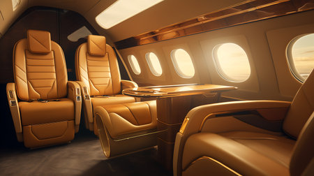 Interior of airplane with seats and seats. 3D rendering.の素材