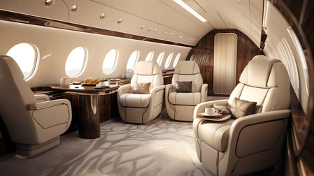 Interior of the airplane with seats and wooden tables. 3d renderingの素材