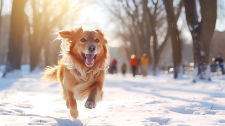Golden retriever dog running in the snow in the park in winterの素材