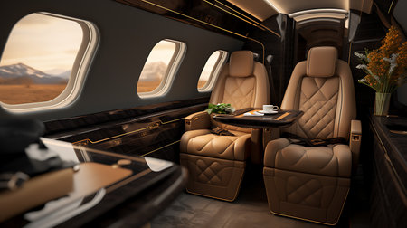 Interior of a luxury airplane with leather seats. 3d renderingの素材