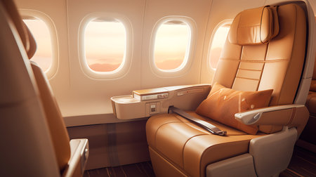 Interior of airplane with seats and window view. 3d renderingの素材