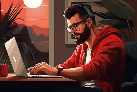 Hipster man working at home using laptop computer.の素材