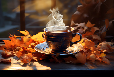 Cup of hot tea with autumn leaves on the windowsill.の素材