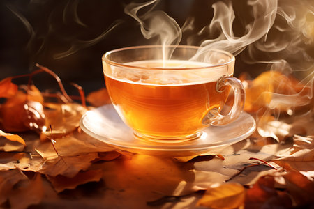 Cup of tea with steam on autumn leaves background. Cup of tea on autumn leavesの素材