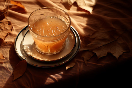 A cup of tea on a saucer on a background of autumn leavesの素材