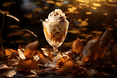 Ice cream sundae with whipped cream in glass on autumn leaves backgroundの素材