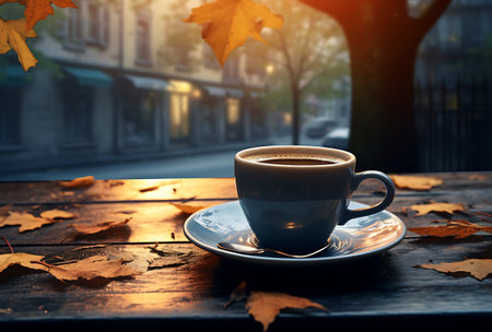 Cup of coffee on the wooden table with autumn leaves in the cityの素材
