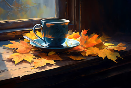 Cup of coffee with autumn maple leaves on the windowsill.の素材
