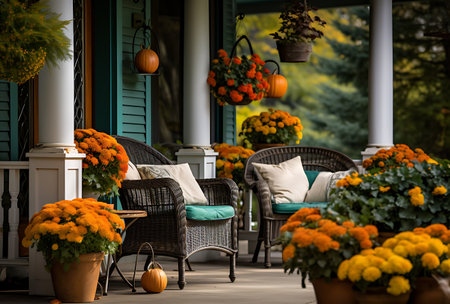 Outdoor patio decorated with pumpkins and chrysanthemumsの素材