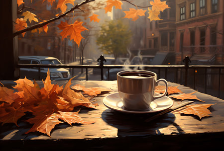 Cup of coffee on a table with autumn leaves and city viewの素材