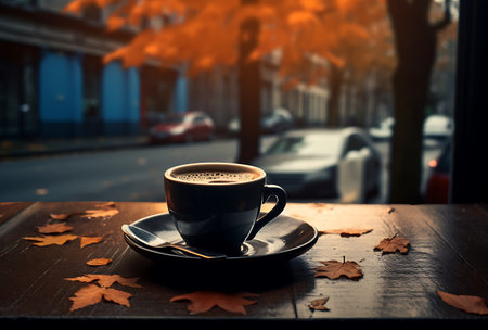 Cup of coffee on a wooden table with autumn leaves in the backgroundの素材