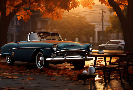 Vintage american car on the street in autumn. 3d renderの素材