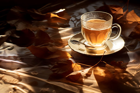 Cup of tea on the background of autumn leaves in the sunlightの素材