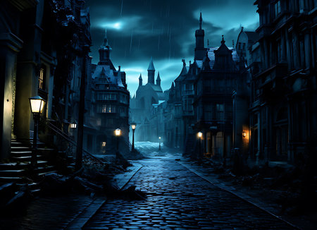 Night city street with old houses and lanterns. Halloweenの素材
