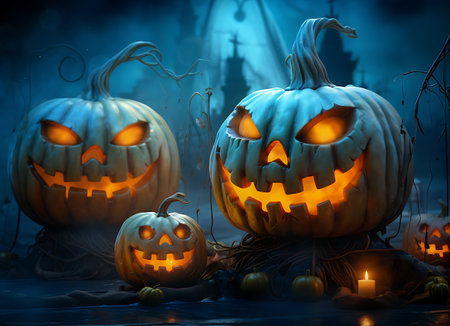 Halloween pumpkins on dark background, 3d render illustration.の素材