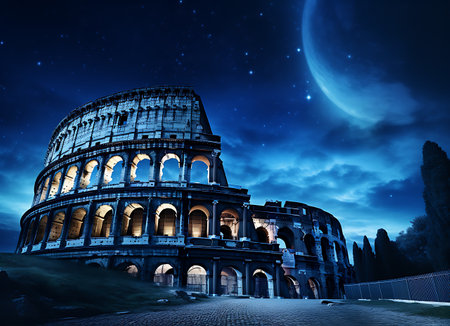 Colosseum at night with full moon and stars as backgroundの素材
