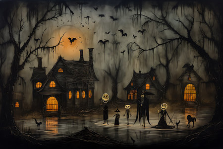 Halloween background with haunted house, witch, pumpkins and batsの素材