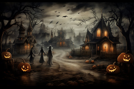 Halloween background with haunted house, pumpkins, witch and bats.の素材