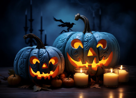 Halloween pumpkins with candles on dark background. Halloween concept.の素材