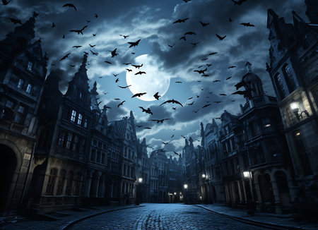Halloween background with old town halloween night and flying batsの素材