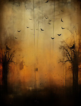 Halloween background with bats flying in the mist and trees in the backgroundの素材