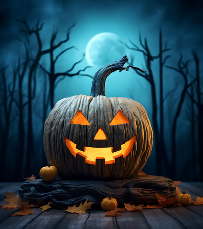 Halloween pumpkins on wooden table with moon background, 3d renderの素材