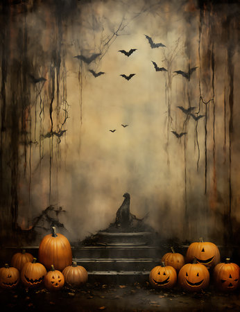 Halloween background with pumpkins, bats and a witch on the stairsの素材