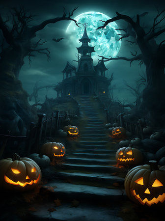 Halloween background with pumpkins and witch's house. 3D renderingの素材