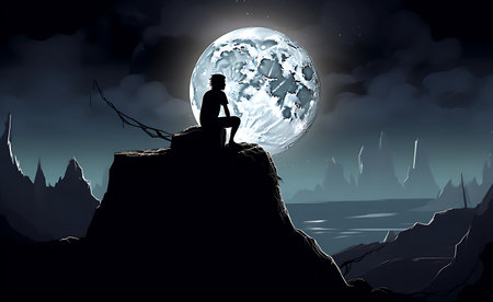 Silhouette of a man sitting on the edge of a cliff and watching the moon.の素材