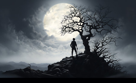 Silhouette of a man standing on the edge of a hill and looking at the moonの素材