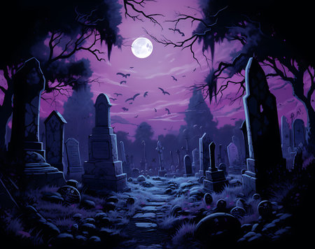 halloween background with graveyard and full moonの素材