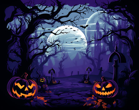 Halloween background with pumpkins, cemetery and full moon. Vector illustrationの素材