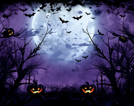 Halloween background with pumpkins, bats, cemetery and full moonの素材