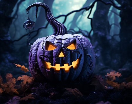 Halloween pumpkins in the forest, 3d render illustration.の素材